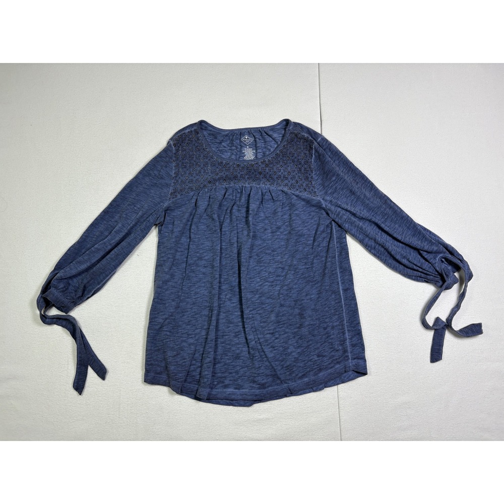 St Johns Bay Womens Blue Lace Yoke Tie Cuff Long Sleeve Peasant Top Medium